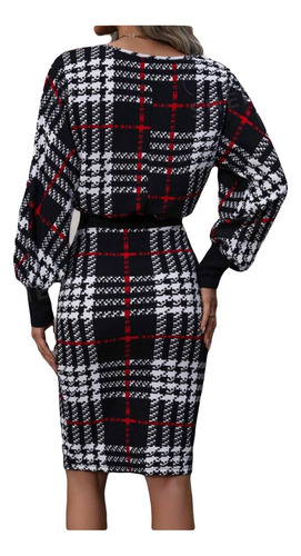 Vestido Ajustado Con Mangas Farol A Cuadros