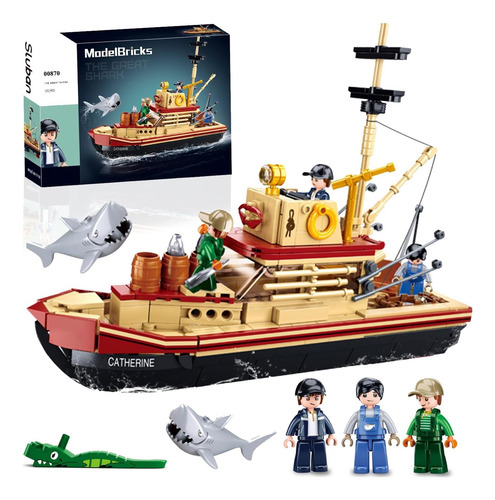 Juguete De Construcción De Botes De Pesca Con Tiburón, Kit 3