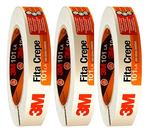 Fita Crepe 18mm X 50mt - 3m - Kit 3 Rolos Cor Bege Liso