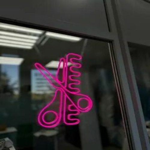 Painel Neon Led Barber Shop Pente E Tesoura 40x30cm Rosa-chiclete