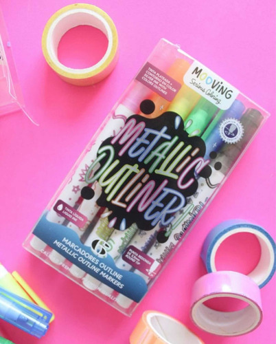 Imagen 3 de 3 de Marcadores Mooving Metallic Outliner Con Contorno X6 Colores