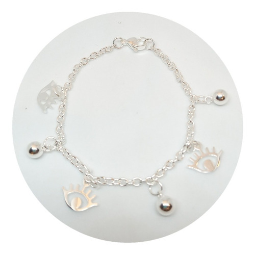 Pulsera De Acero Blanco Con Dijes De Ojos Turcos Y Bolitas