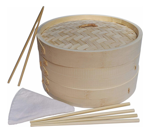 Bamboo Steamer Set Includes Two 10 Pulgada Wooden Baskets, C