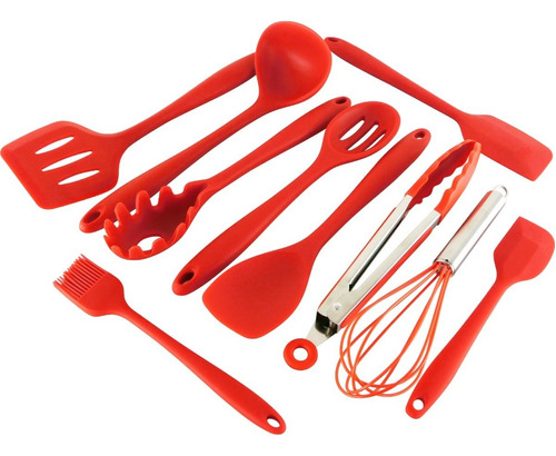 Set De 10 Utensilios Antiadherentes De Cocina Silicona Cukin Color Rojo