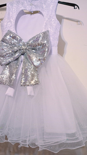 Vestido De Fiesta Para Bebe Nena Blanco Tul Brillos Con Moño