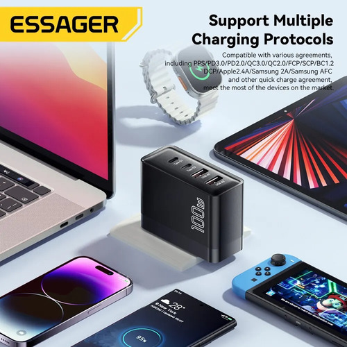 Fonte Carregador Turbo Essager 100w + Cabo Usb-c 1m 100w Cor Preto