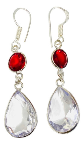 Aros Plata India Cuarzo Cristal Maestro Y Granate Rojo Facet