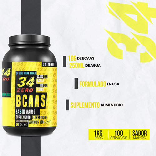 34 Zero Aminoácidos Bcaas Polvo 1kg Sabores 100 Servicios Mango