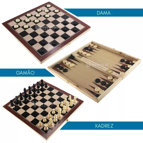 Jogo De Xadrez Dobrável Dama + Gamão Tabuleiro Madeira 29x29