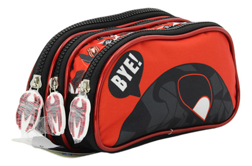 Lapicera Estuchera Escolar Triple Compartimento Red Black Rojo Estampado