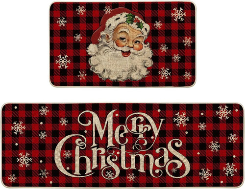 Juego De Alfombras De Cocina Buffalo Plaid Snow Santa Claus