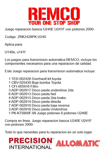Kit Reparacion Transmision U240 Rav4 L4 2.0l 2000-03
