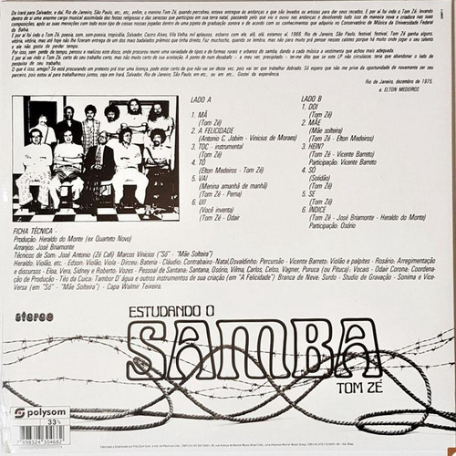 Imagem 2 de 2 de Disco De Vinil Lp Estudando O Samba Tom Zé Lacrado Polysom