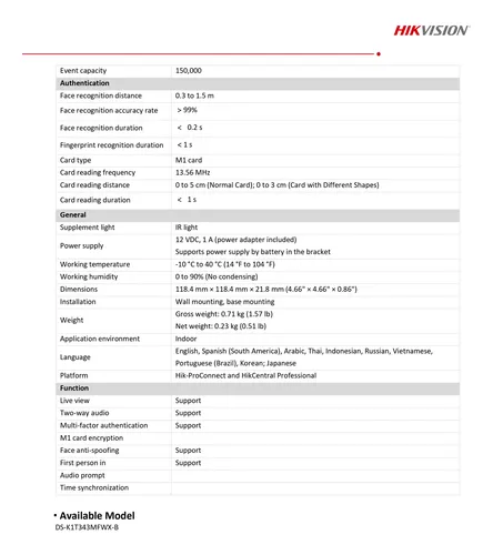 Ds-k1t343mfwx-b, Terminal Biométrico Facial, Control Acceso