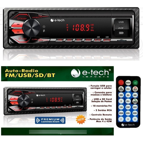 Radio E-tech Premium Mp3 Carro Bluetooth Via App 2 Usb Novo