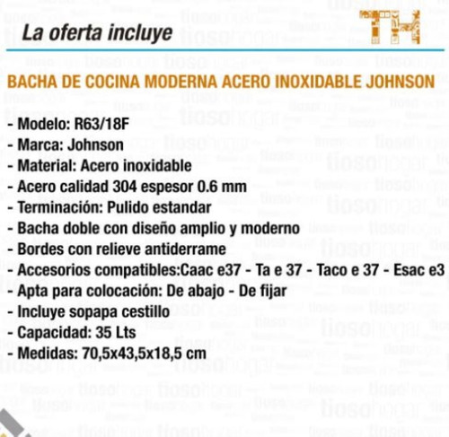 Bacha Doble R63/18 F Quadra 304 Acero Johnson Pulido Standard Pileta Inoxidable 304 Encastrable Cuadrada Sopapa