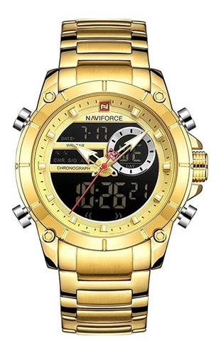 Reloj pulsera Naviforce NF9163 con correa de acero inoxidable color dorado - fondo negro