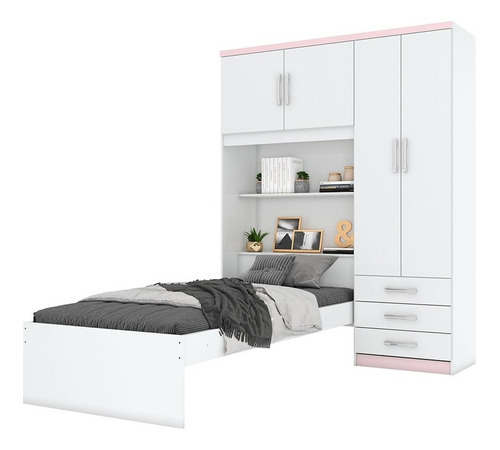 Guarda Roupa C/ Cama Quarto Solteiro 3 Gavetas Móveis Henn Cor Branco/Rosa chá