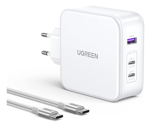 Cargador Ugreen USB A/C Gan Tech de 140 W y cable USB C de 2 m, blanco