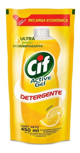 Imagen 2 de 4 de Detergente Cif Concentrado Active Gel Limon Doy Pack X 450ml