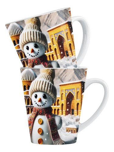 Taza Cónica Mono De Nieve Con Gorro Y Bufanda En Mini Ciudad