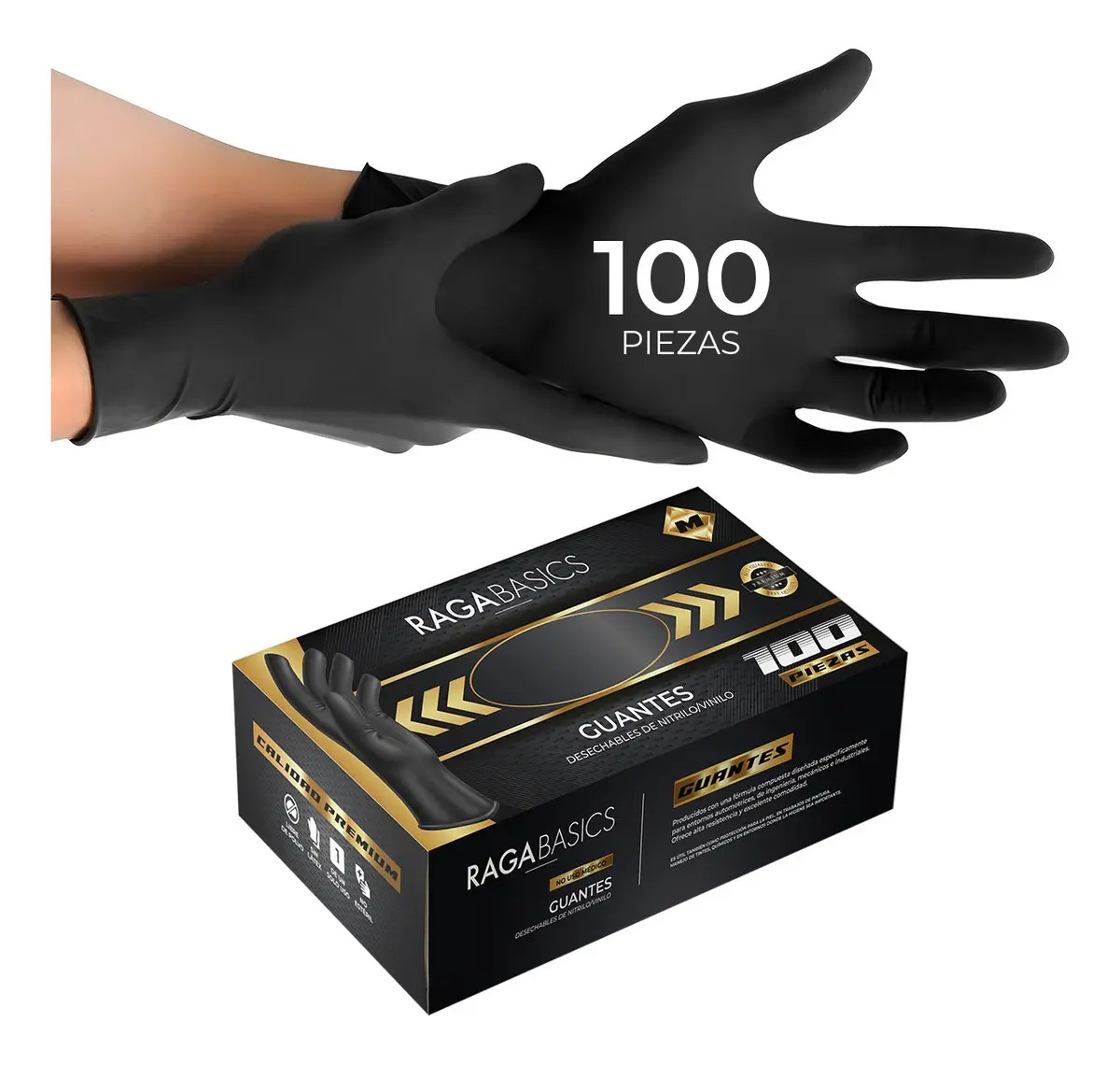 Raganet Guantes de Nitrilo Libre de Latex Sin Polvo Negro 100 piezas Talla Mediano