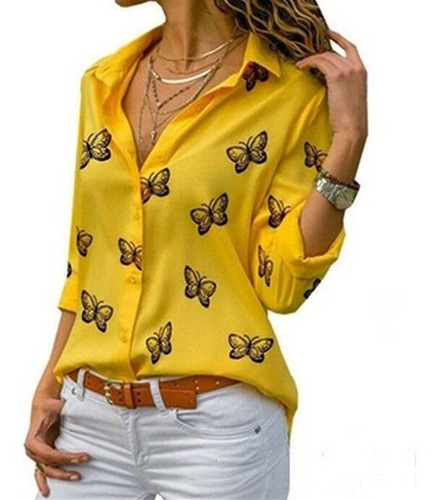 Blusa De Manga Larga Con Estampado De Mariposas Para Mujer