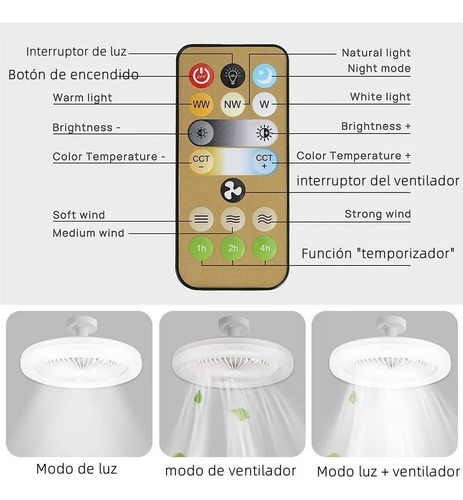 Ventilador Techo Lámpara Dimmable Led Luz 30w Control Remoto