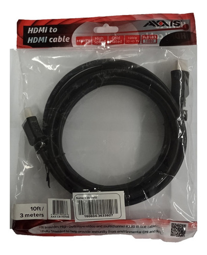 Imagen 2 de 4 de Cable Hdmi Axxis Certificado 10 Pie 3 Metros Con Puntas Oro