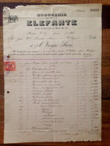 Antigua Factura Droguería Del Elefante 1909
