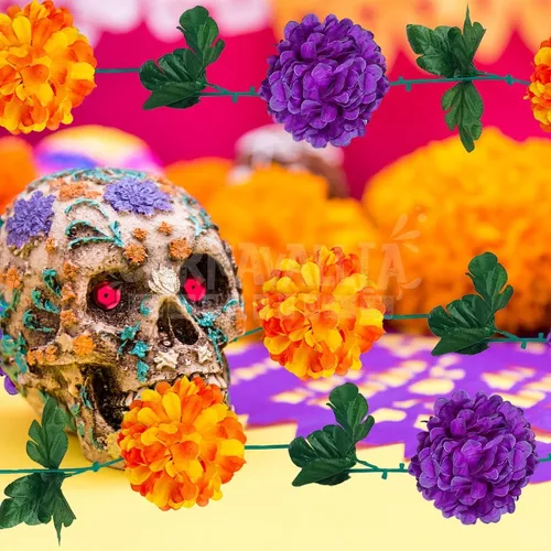 Guía Flor Cempasúchil Morado Artificial Día Muertos Decoraci