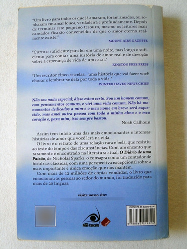 Diário De Uma Paixão, De Nicholas Sparks. Editora Novo Conceito, Capa Mole, Edição 1 Em Português, 2010 (Usado)
