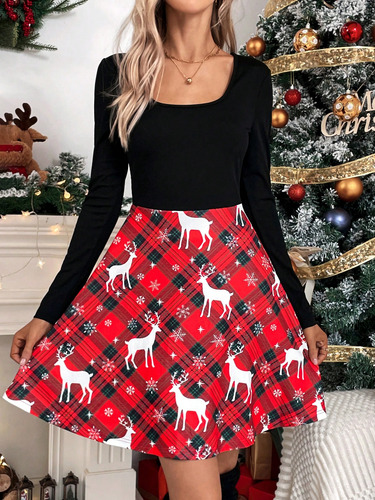 Vestido Con Estampado De Navidad De Cuello Scoop