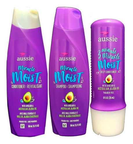 Kit Aussie Shampoo + Condicionador + 3 Minute Miracle Moist