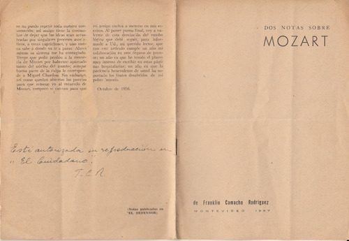 1957 2 Notas Sobre Mozart Franklin Camacho Rodriguez Uruguay