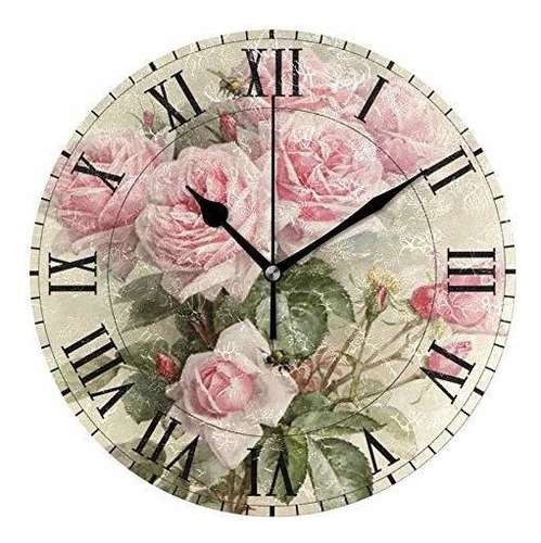 Reloj De Pared Acrílico Redondo Con Flor Rosa Y Rosa Vintage
