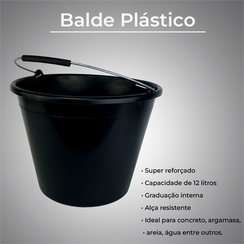 Kit 6 - Baldes Plástico Com Alça Metal 12 Litros Cor Preto