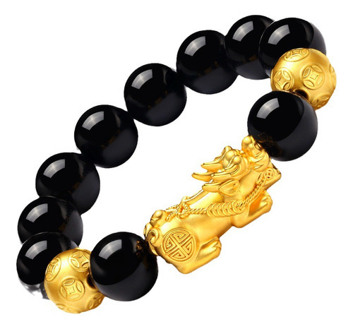 Pulsera Luck Pixiu Obsidiana Chapada En Oro Color Estilo 1 Diámetro 18 Cm Largo 18 Cm