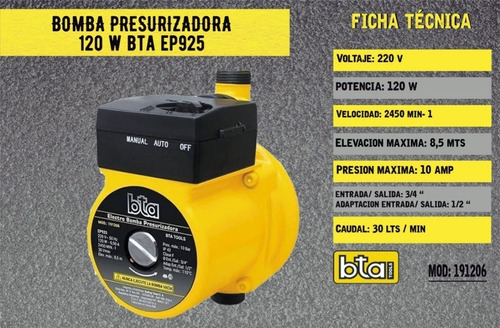 Bomba Presurizadora Elevador Presion Bta 30l/m 8.5 Mts 120w
