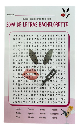 Juego De Mesa Despedida Soltera Sopa Letras Novia Edad +18