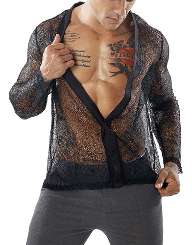 Camisas Tipo Cárdigan De Malla Para Hombre Y Color Liso Tran