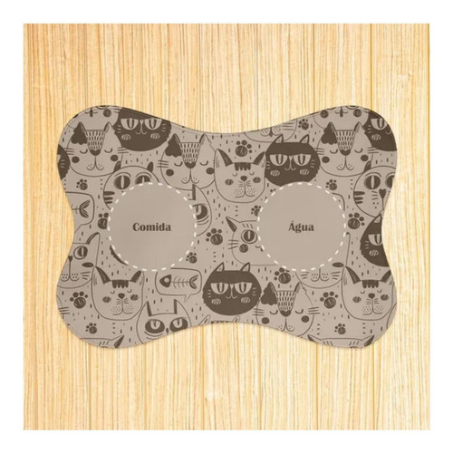 Tapete Para Ração E Agua Para Pets Gato Cor Marrom Desenho do tecido Gatinho