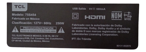 Fuente De Poder Tcl 75s454 40-l30xw4-pwb1zg (Usado)