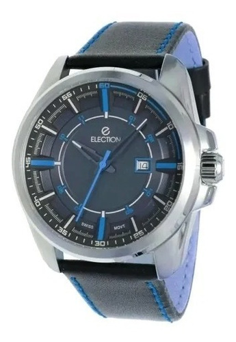 Reloj Election Suizo Hombre Cuero Negro Azul E200615112a