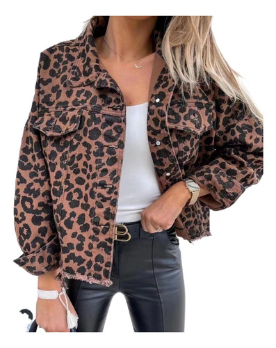 Chamarra De Moda Mujer En Denim Con Estampado De Leopardo
