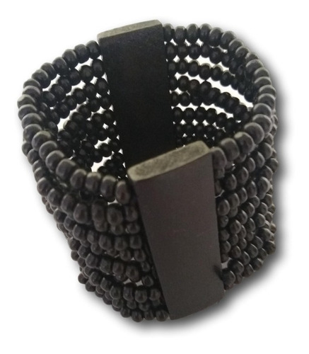 Pulseira Feminina Com Contas De Madeira Preta Ref: 7038