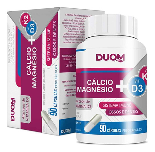 Cálcio + Magnésio + Vitaminas K2 E D3 Com 90 Cápsulas Duom