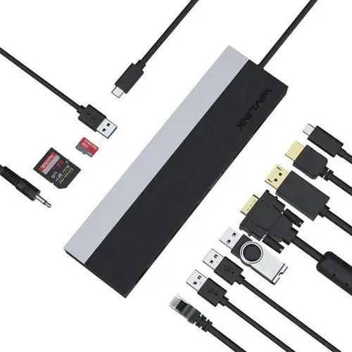 Docking Station USB-C 12 In 1 WAVLINK, Triple Display Con 2 HDMI 4K E VGA 2K, Ricarica PD 85W, Ethernet Gigabit, Lettore SD E Jack Audio