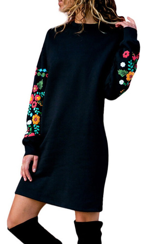 Vestido Tipo Sudadera De Manga Larga Con Bordado Floral 9891