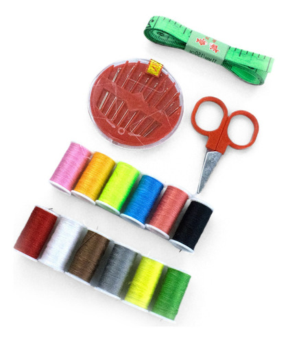 Kit Costura Com 14 Peças Linhas Agulha Tesoura Fita Métrica